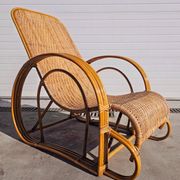 XXL Mid Century Modern pair of bamboo and rattan sun loungers