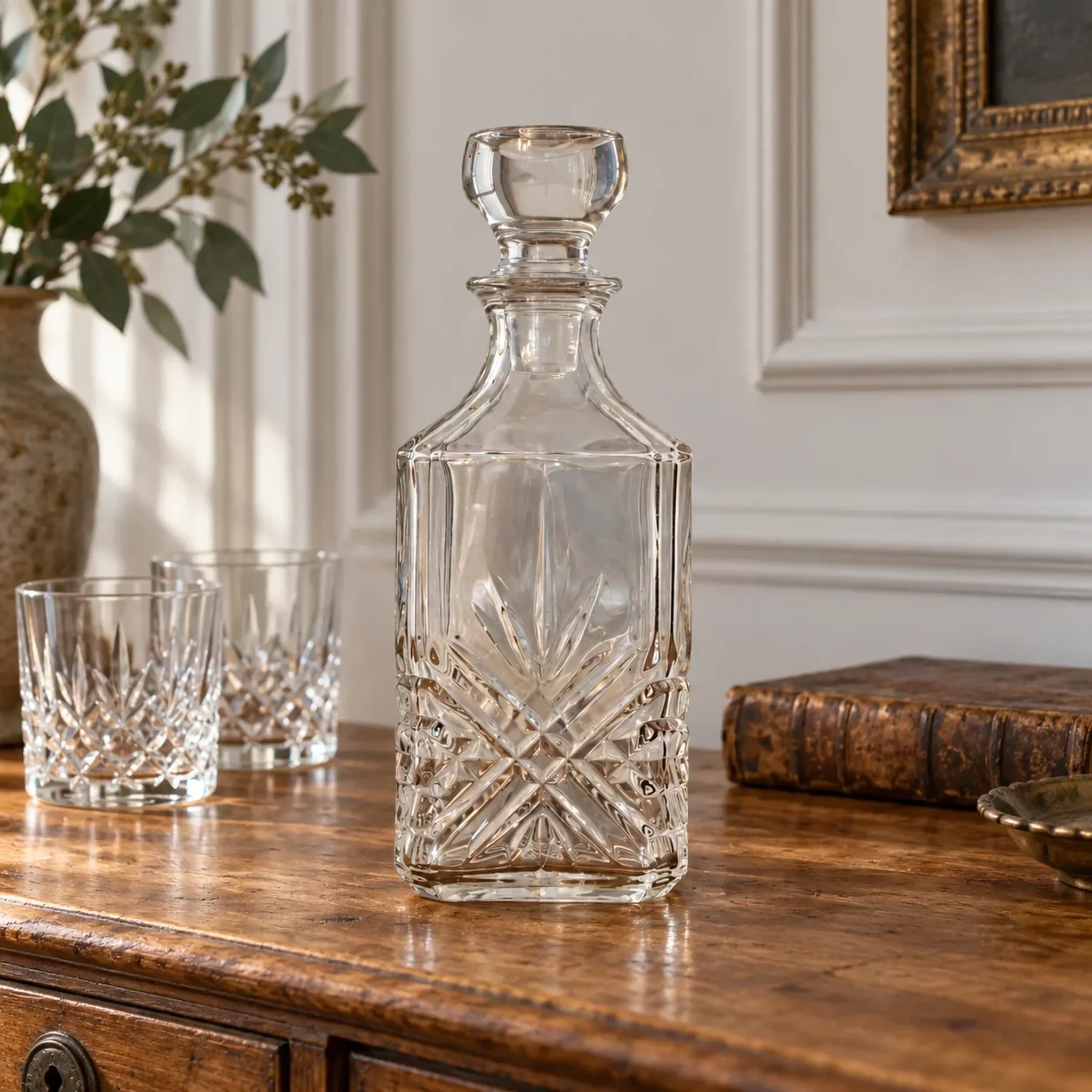 Vintage whisky carafe by Cristal d’Arques with geometric design and stopper – H 26 cm