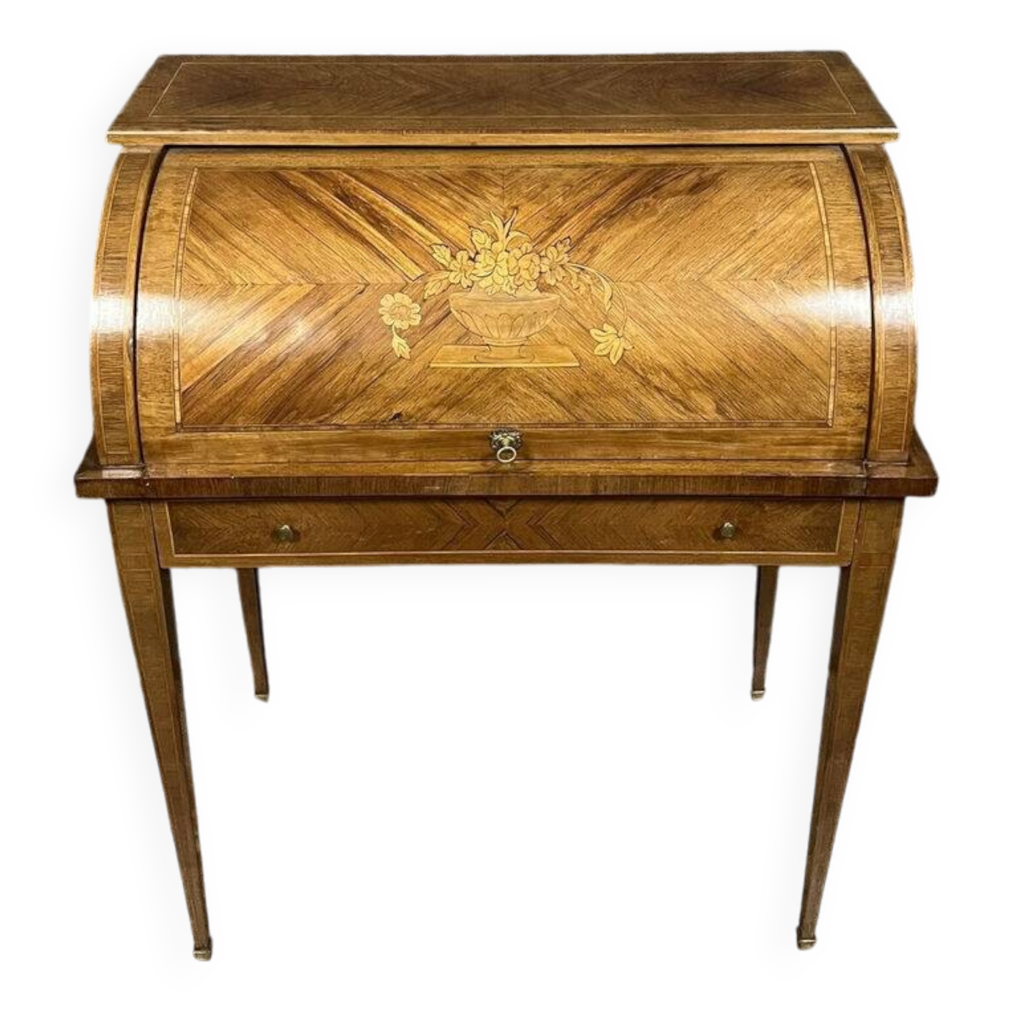 Louis XVI style cylinder desk in marquetry with floral decorations circa 1880