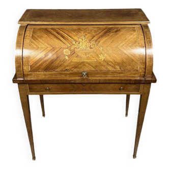 Bureau cylindre de style Louis XVI en marqueterie a décors floral vers 1880