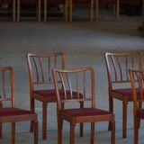 Set of 6 modern classic Danish dining chairs, oak with upholstered seats, 1950s.
