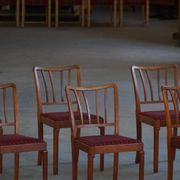 Set of 6 modern classic Danish dining chairs, oak with upholstered seats, 1950s.