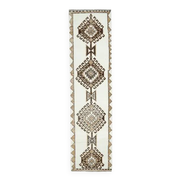 Vintage Turkish Oushak Handmade Wool Cotton White Runner Rug 84x346