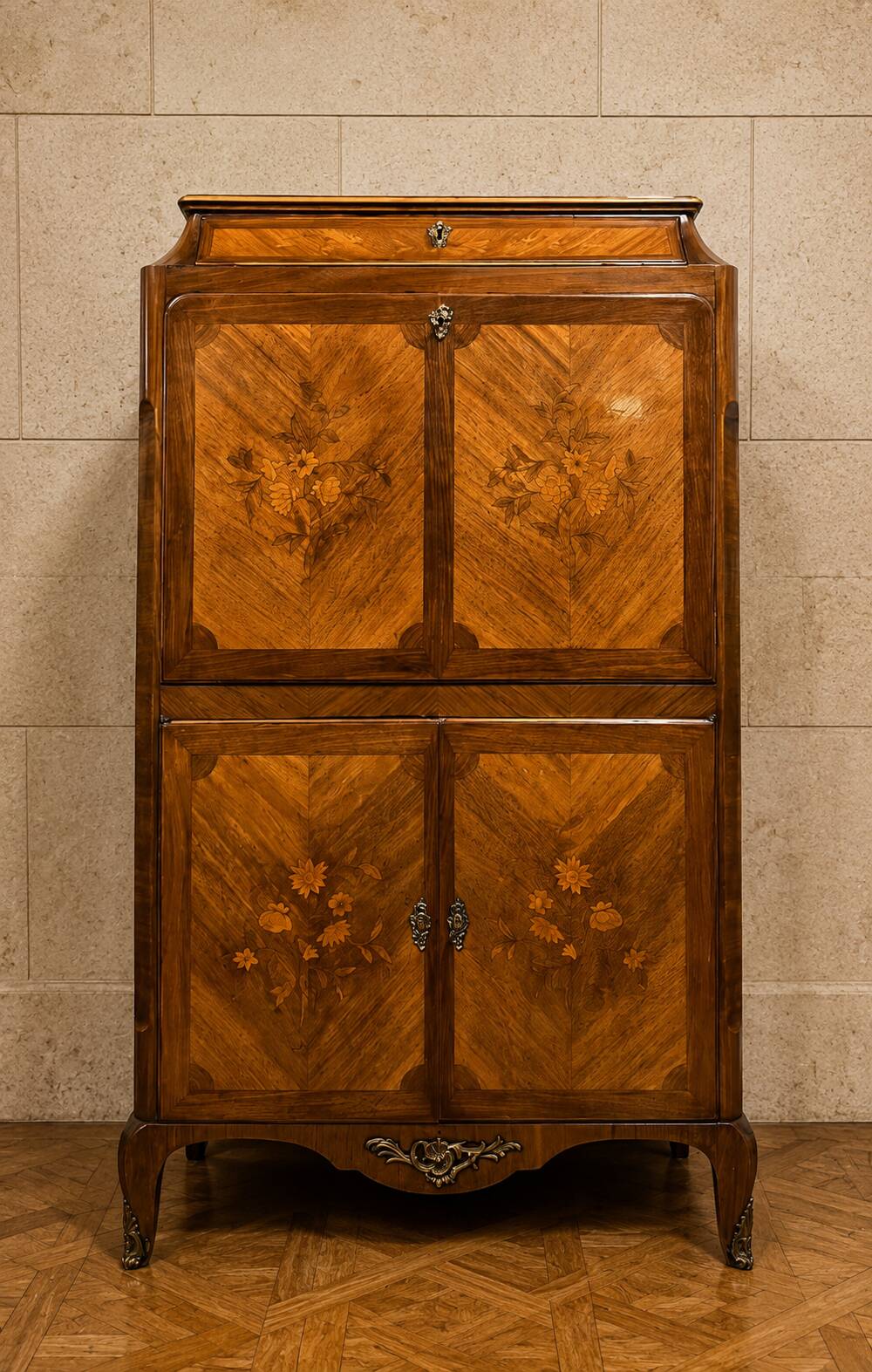 Marquetry drop-leaf secretary in Louis XV style circa 1900.