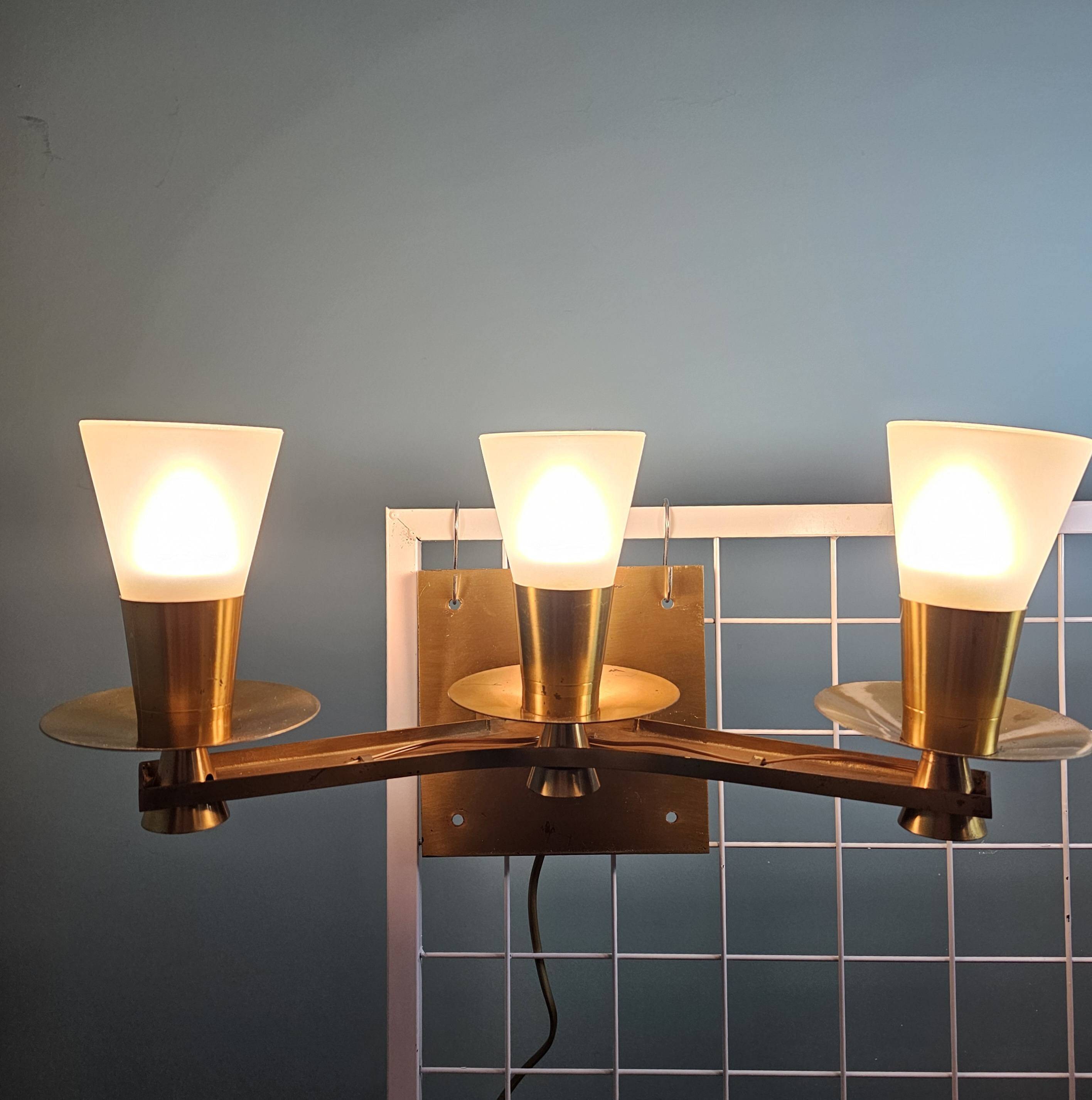 Maison cheret, pair of 3-light wall lights in ronze, brass and glass, circa 1950/1960