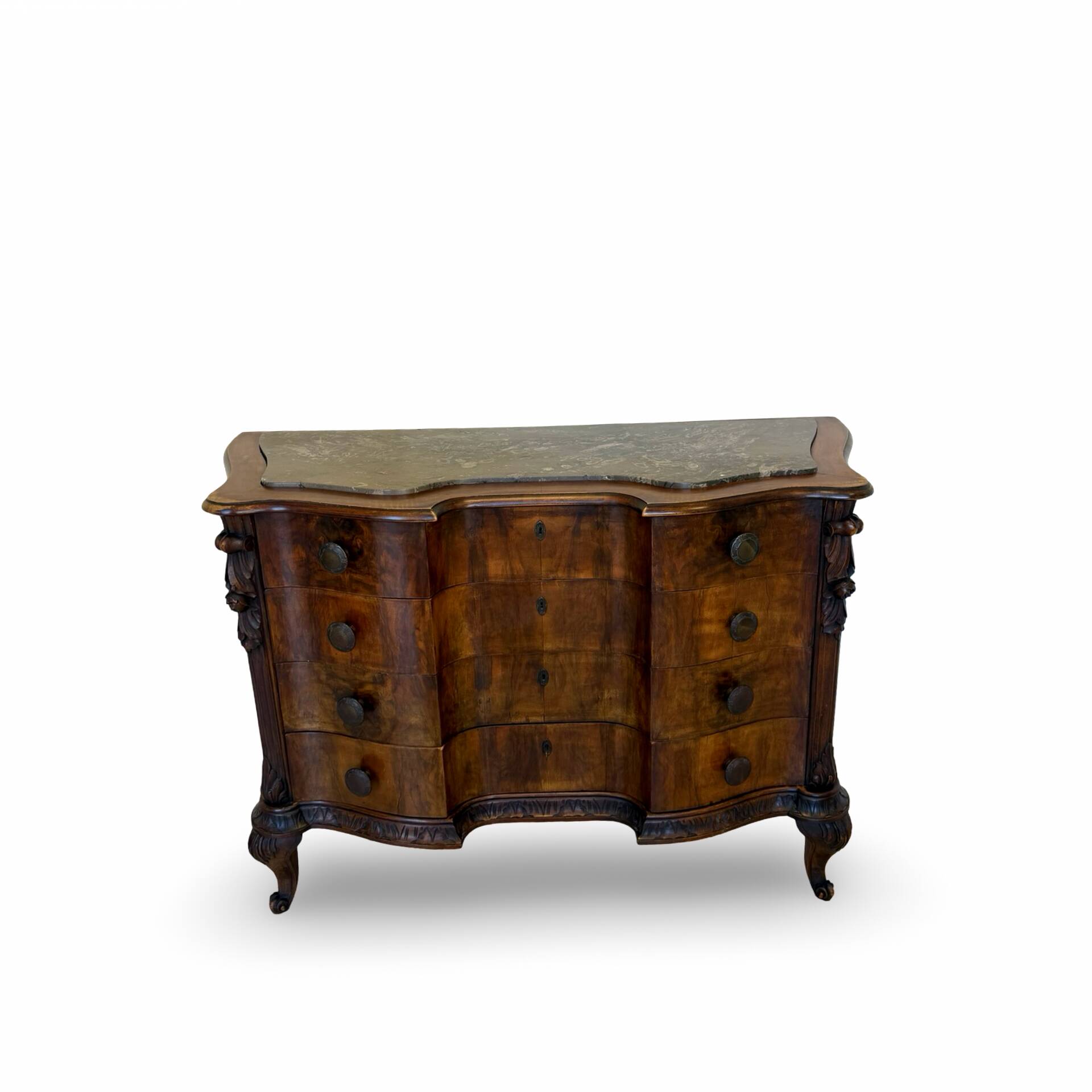 serpentine commode in antique walnut
