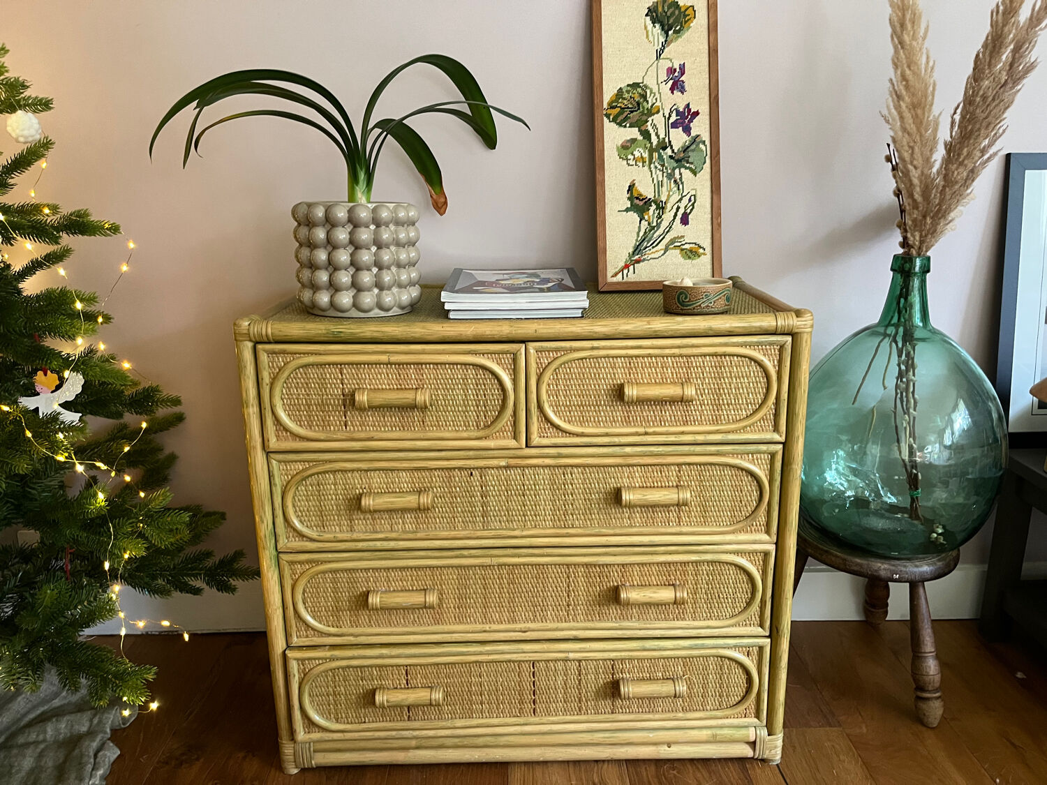 Charming rattan and bamboo chest of drawers.