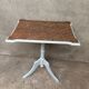 Antique pedestal table with engraved wooden top (birds) and sky blue base