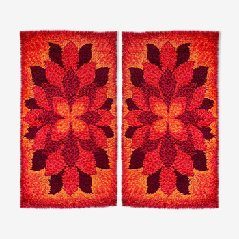 Paire de tapis Rya scandinaves identiques, tapis en laine vintage, orange / rouge