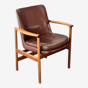 Leather and wood armchair by Ib Kofod Larsen