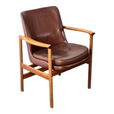 Fauteuil en cuir et bois de Ib Kofod Larsen