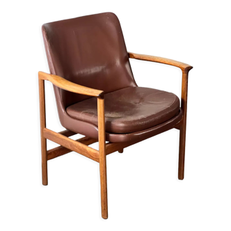 Leather and wood armchair by Ib Kofod Larsen