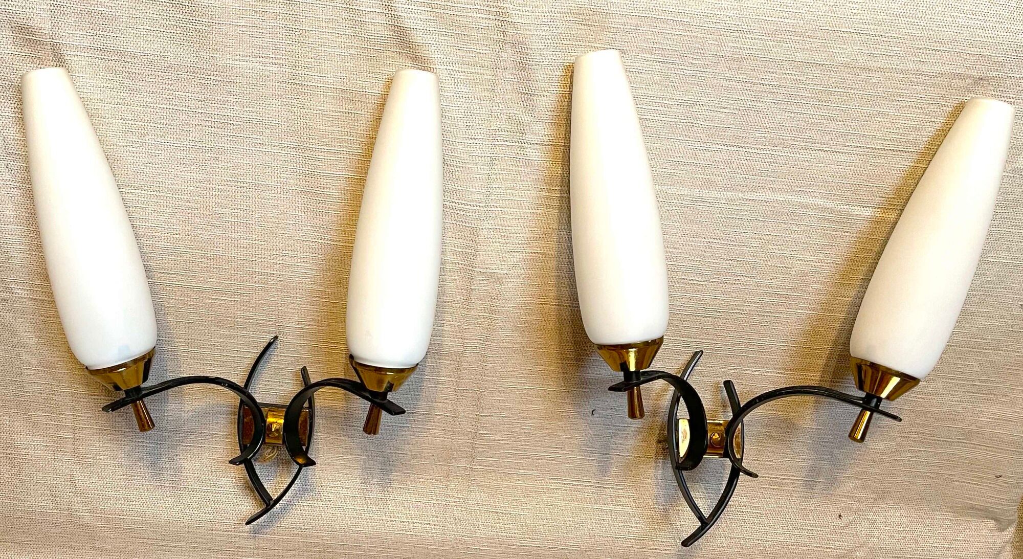 Maison arlus black and brass sconces with white opaline, france - a pair