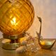 Vintage amber glass globe laying lamp with brass detail