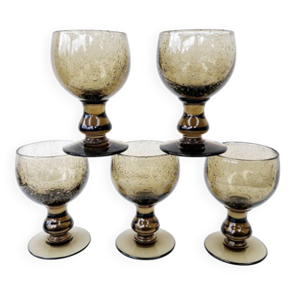 5 Medium Glasses on Vintage Smoked Bubble Base Biot H 11.5cm