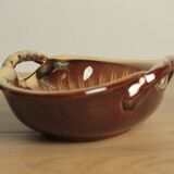 Dish or pocket tray in brown and gold ceramic with two handles signed