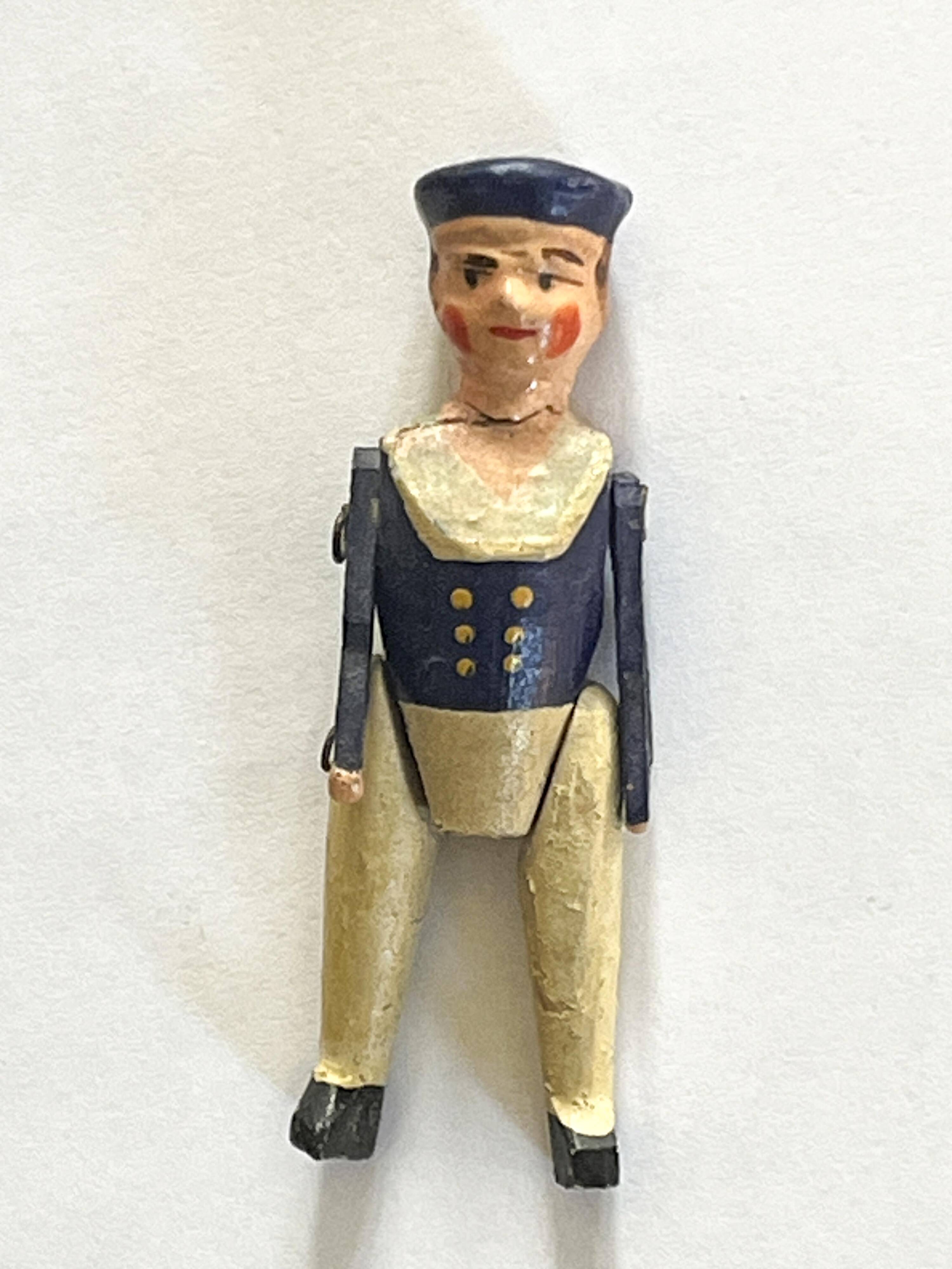 Painted wooden character, French brand Radiguet, vintage toy.