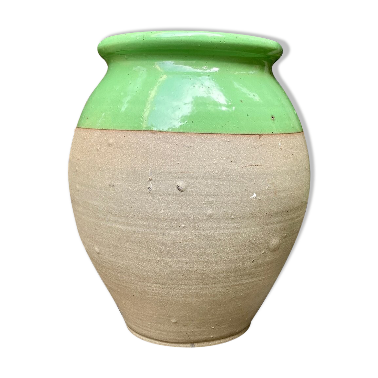 Pot en grès émaillé beige et vert arsenic
