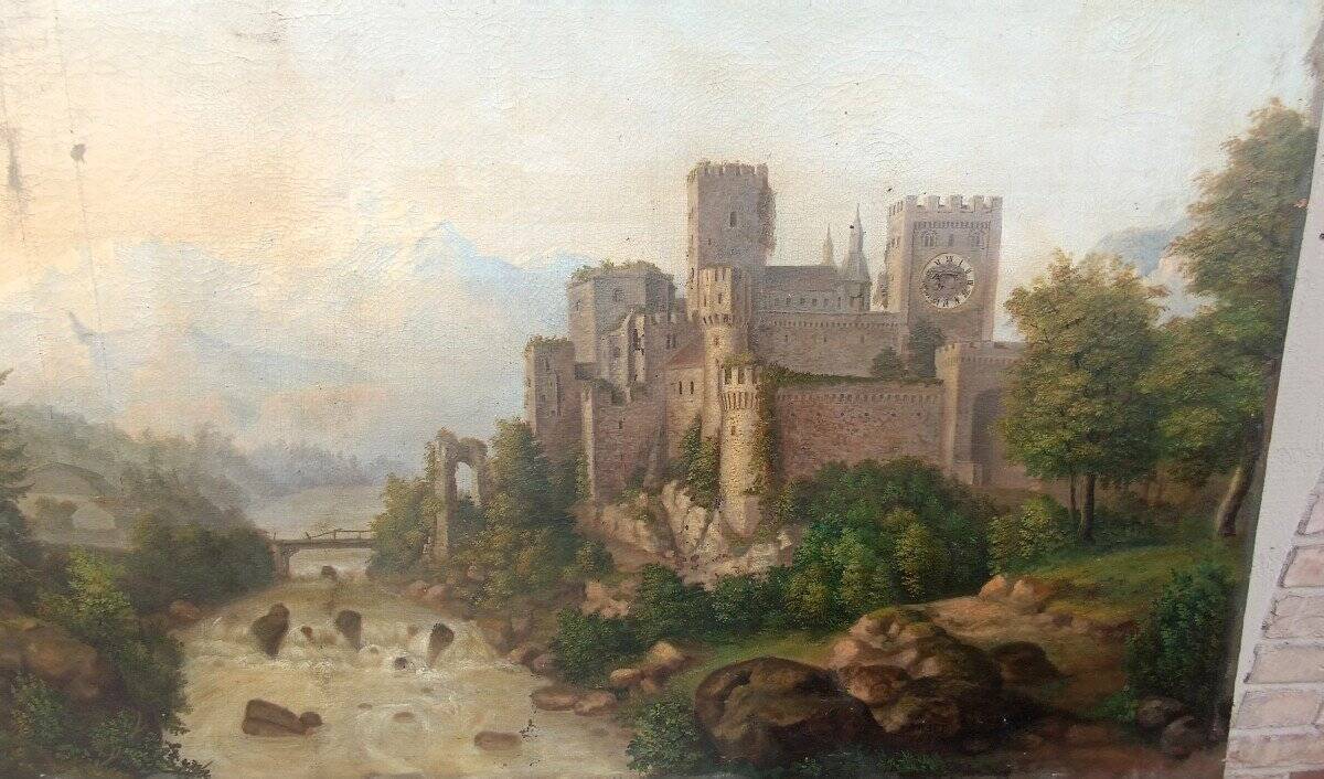 Large Antique Castle Landscape Painting, Oil On Canvas Signed Kraft 1850