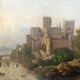 Large Antique Castle Landscape Painting, Oil On Canvas Signed Kraft 1850