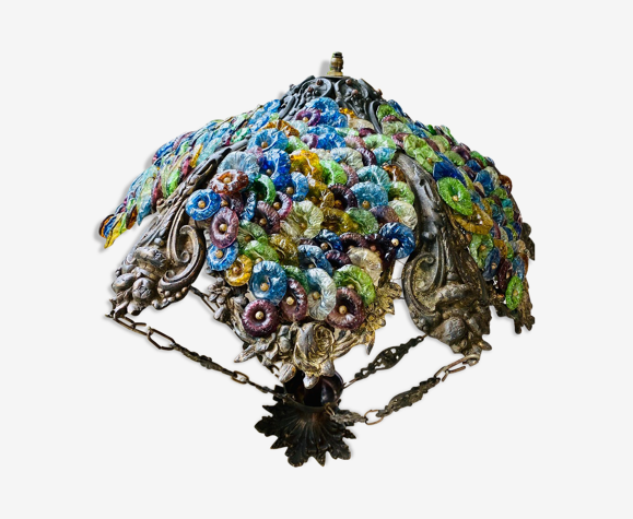 Lustre bronze et verre de Murano façon corbeille