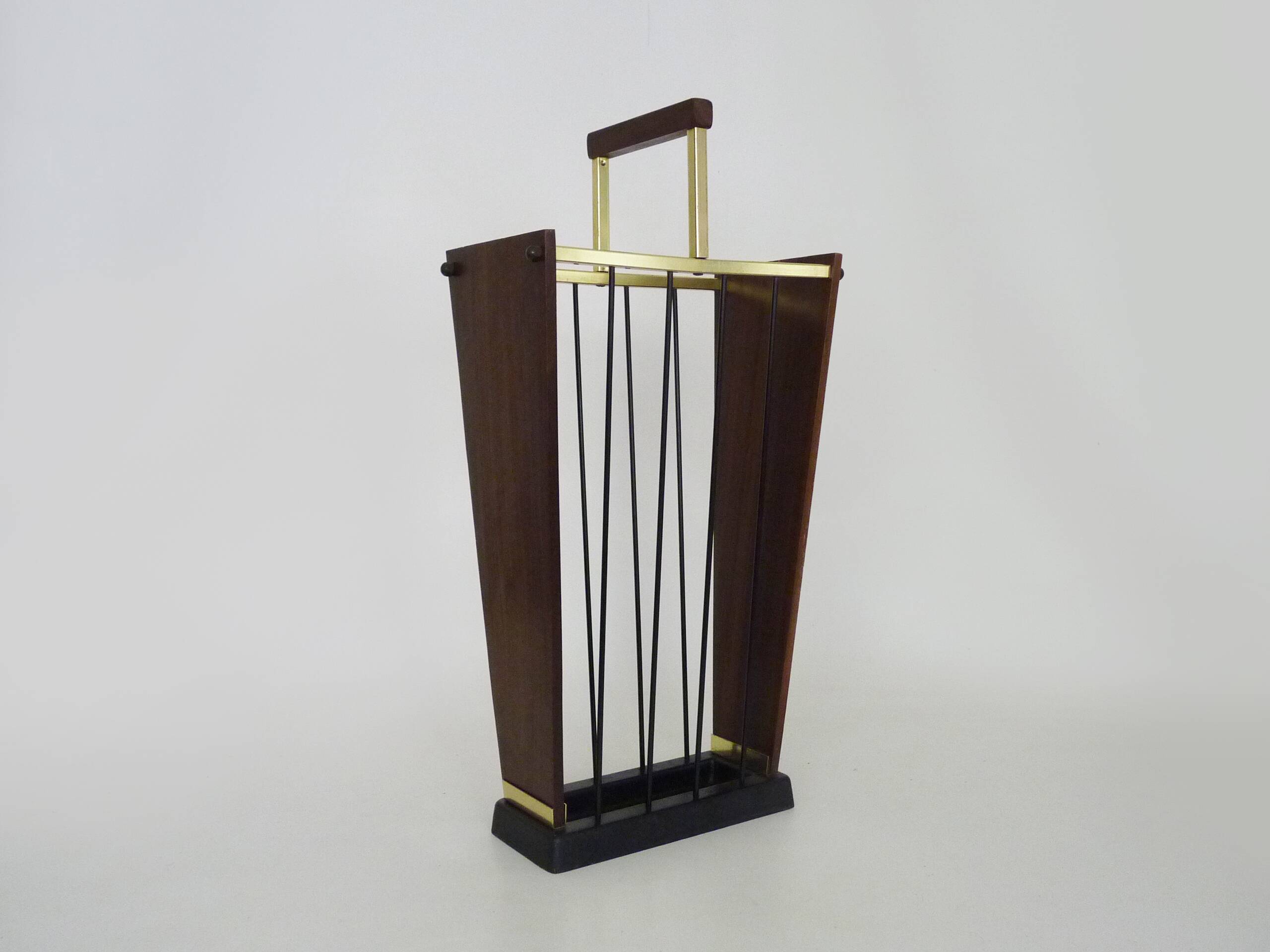 Umbrella stand, walking stick holder in brass, teak and metal, Germany, 1960s