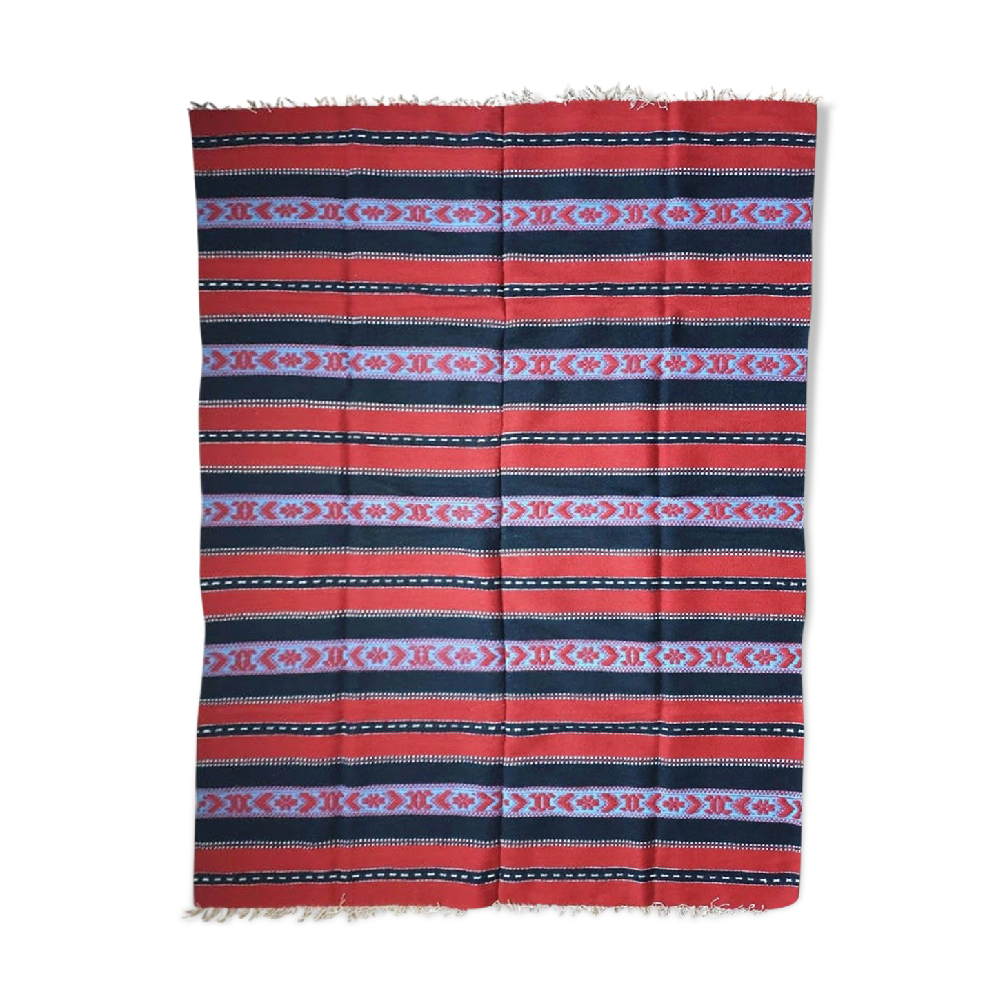 Traditional rustic red wool rug with stylized design and stripes, authentic hand-woven 160x230cm