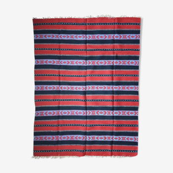 Traditional rustic red wool rug with stylized design and stripes, authentic hand-woven 160x230cm