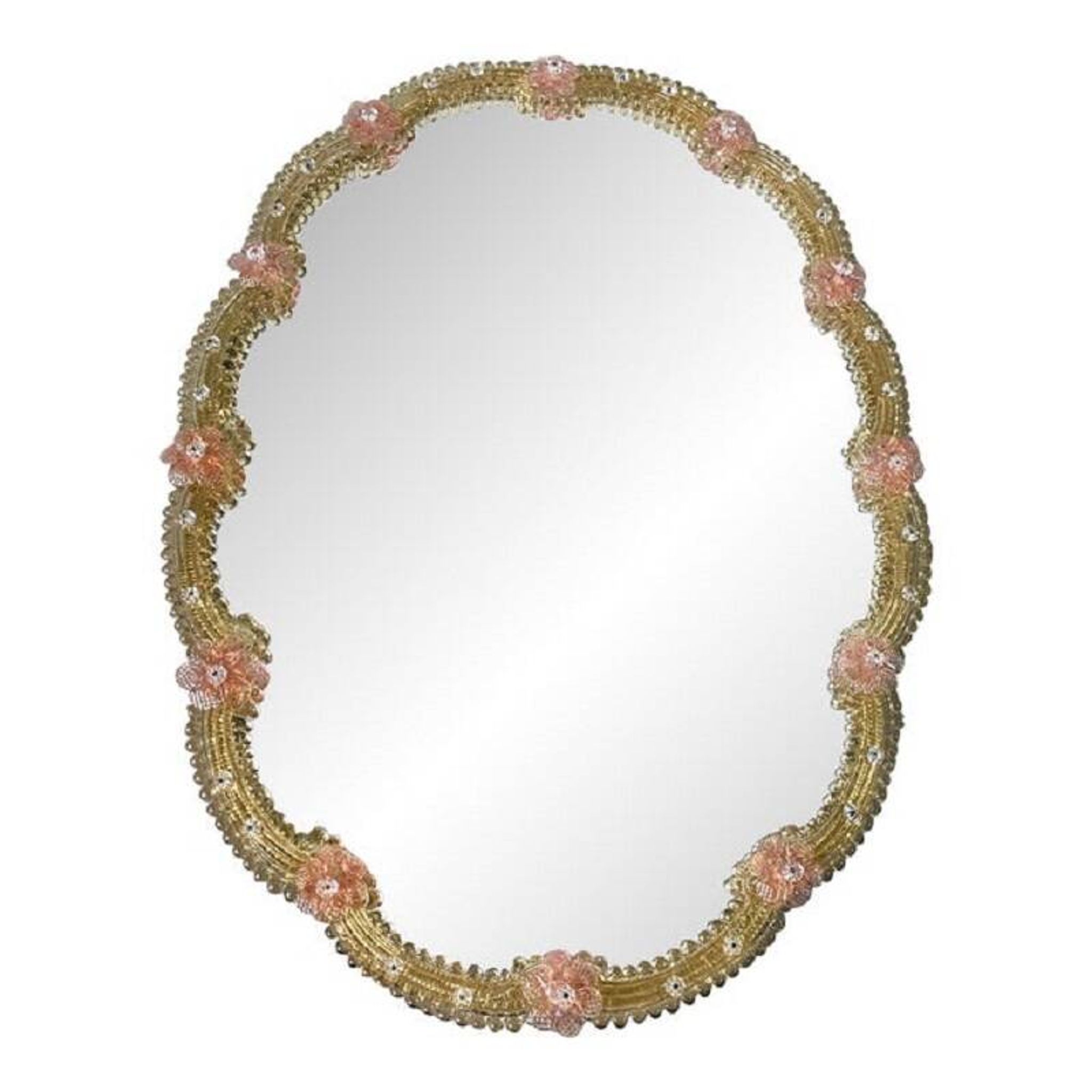 2000s venetian oval gold and pink floreal hand-carving mirror in murano glass style