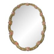 2000s venetian oval gold and pink floreal hand-carving mirror in murano glass style