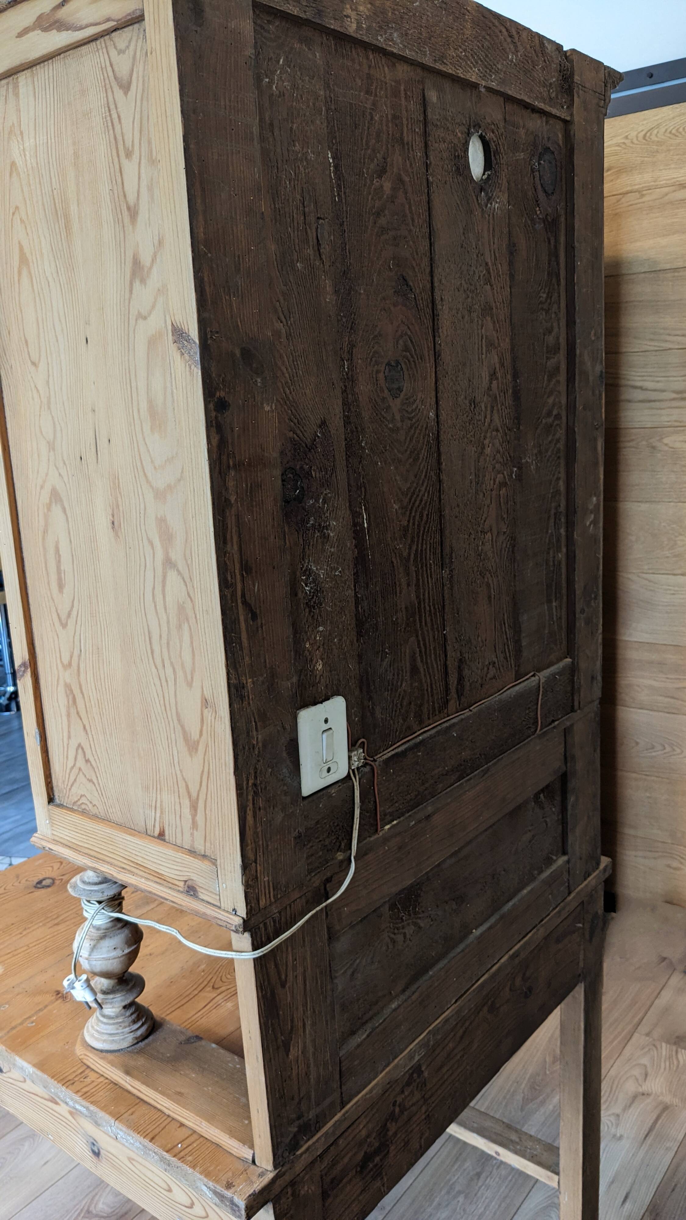 Former campaign secretary's desk in solid pine with a high cupboard.