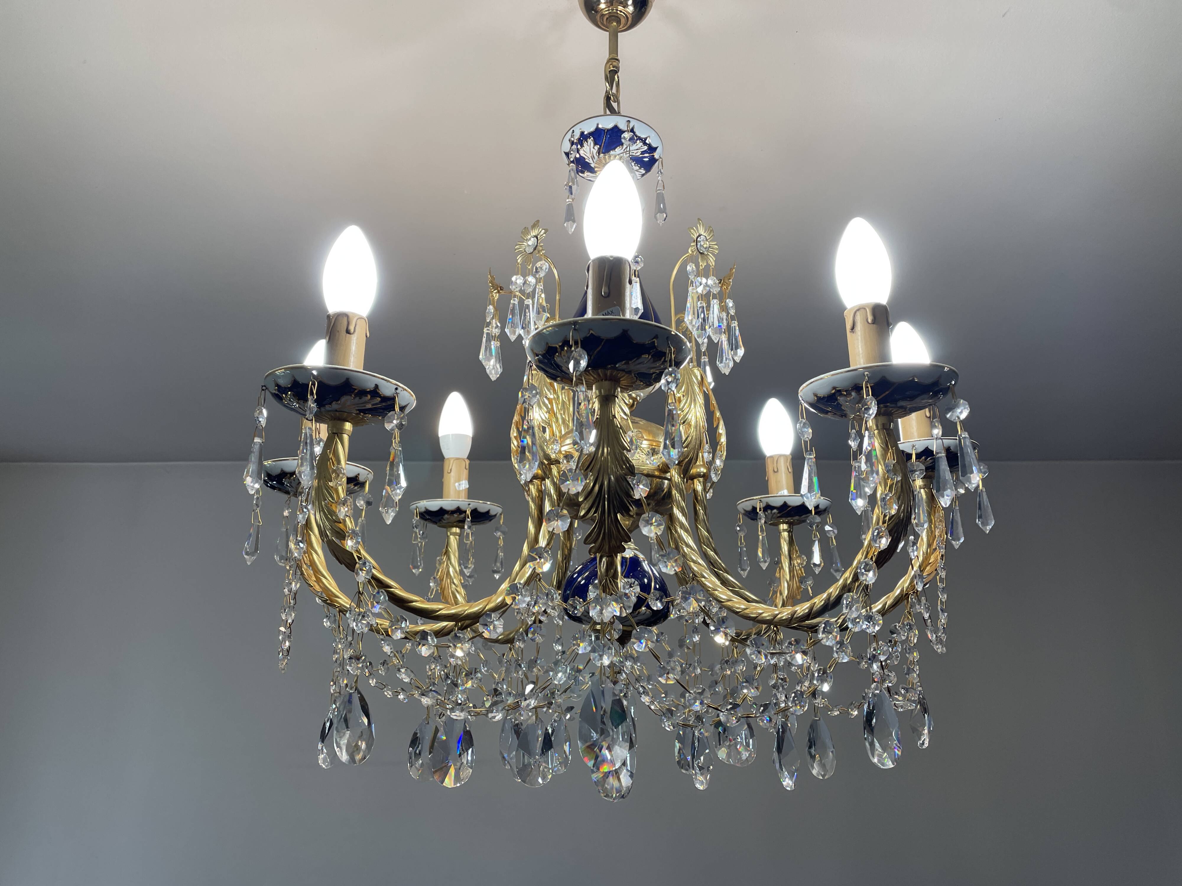 Large Russian chandelier in blue ceramic and crystal pendants, mid-20th century