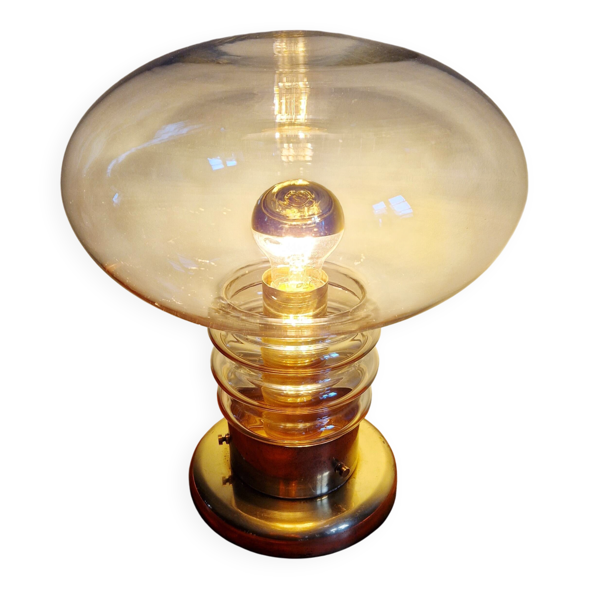 Space Age table lamp in brass and clear glass, 1960s-70s.