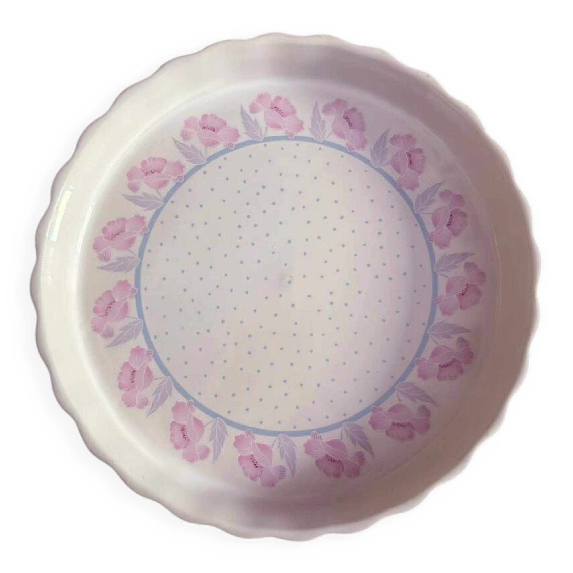 Vintage pie dish – Floral decoration with roses and blue polka dots – Ceramic Fr