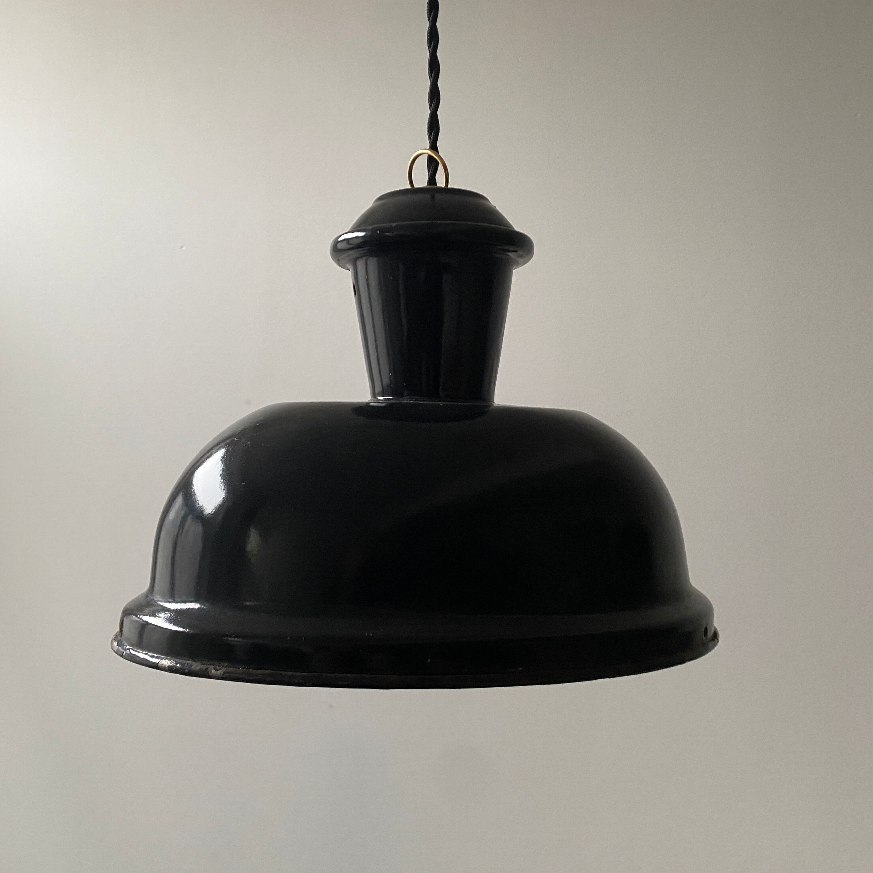 Old oval enamelled industrial hanging lamp