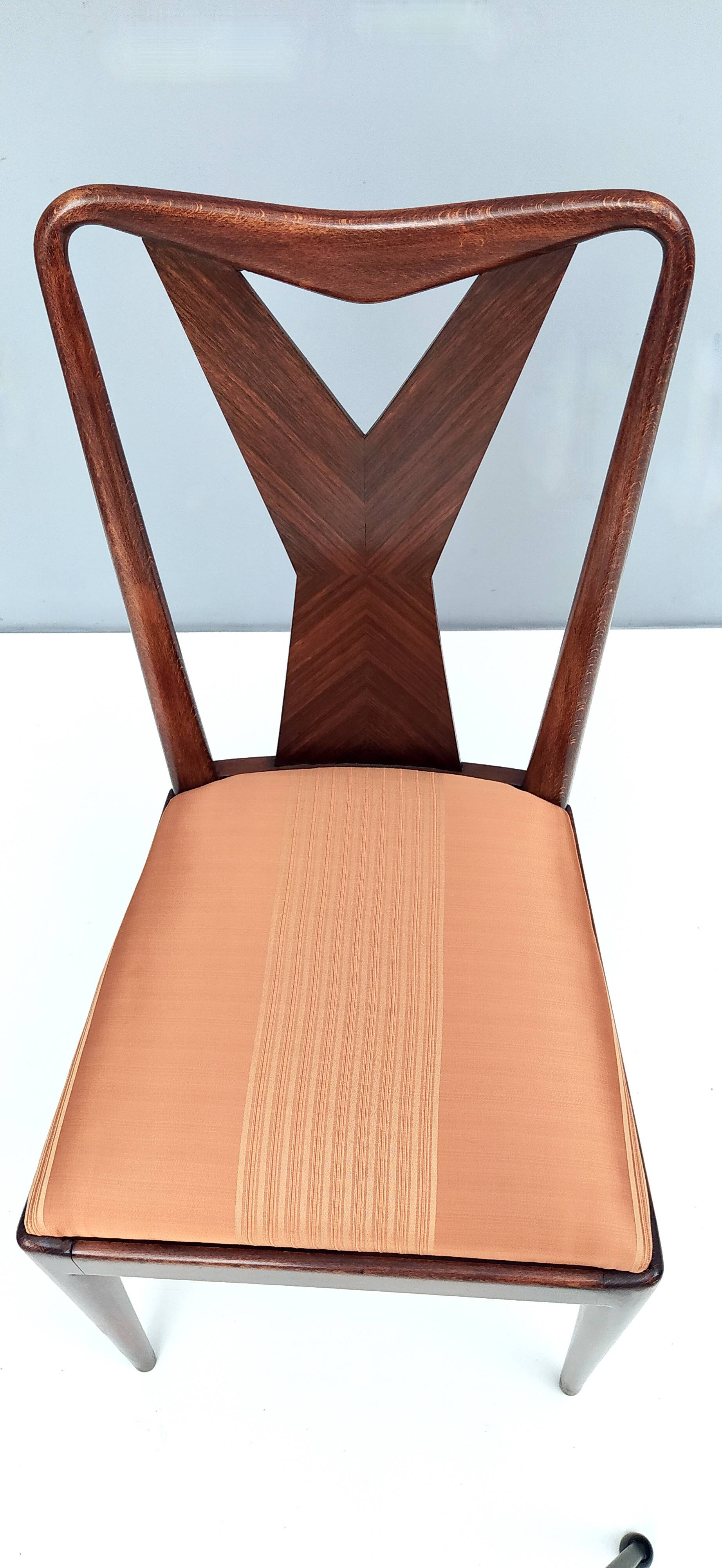 Set of Six Walnut Dining Chairs with Orange Fabric in the Style of Parisi