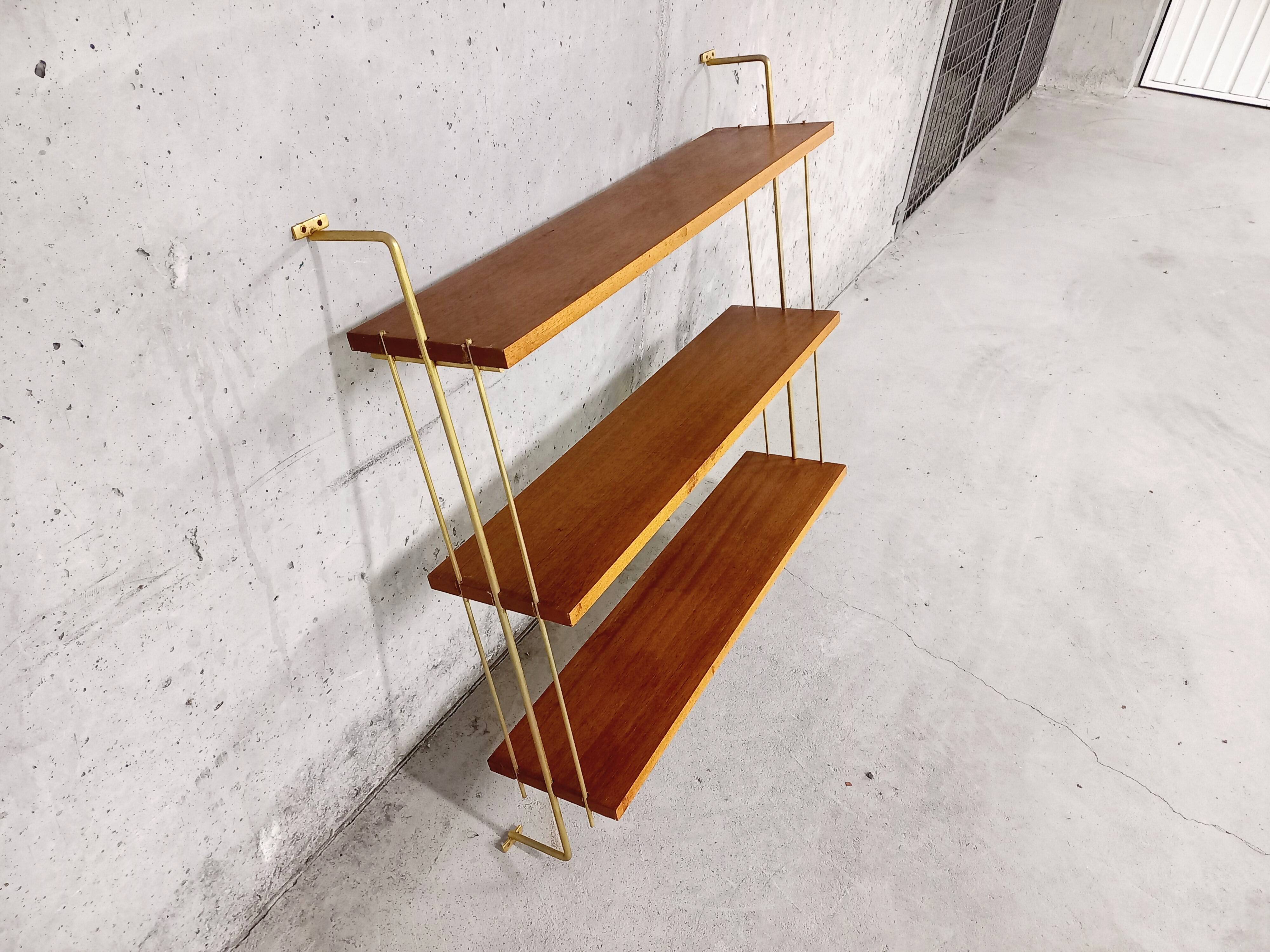 Vintage wall shelf in teak and golden brass String Tomado style