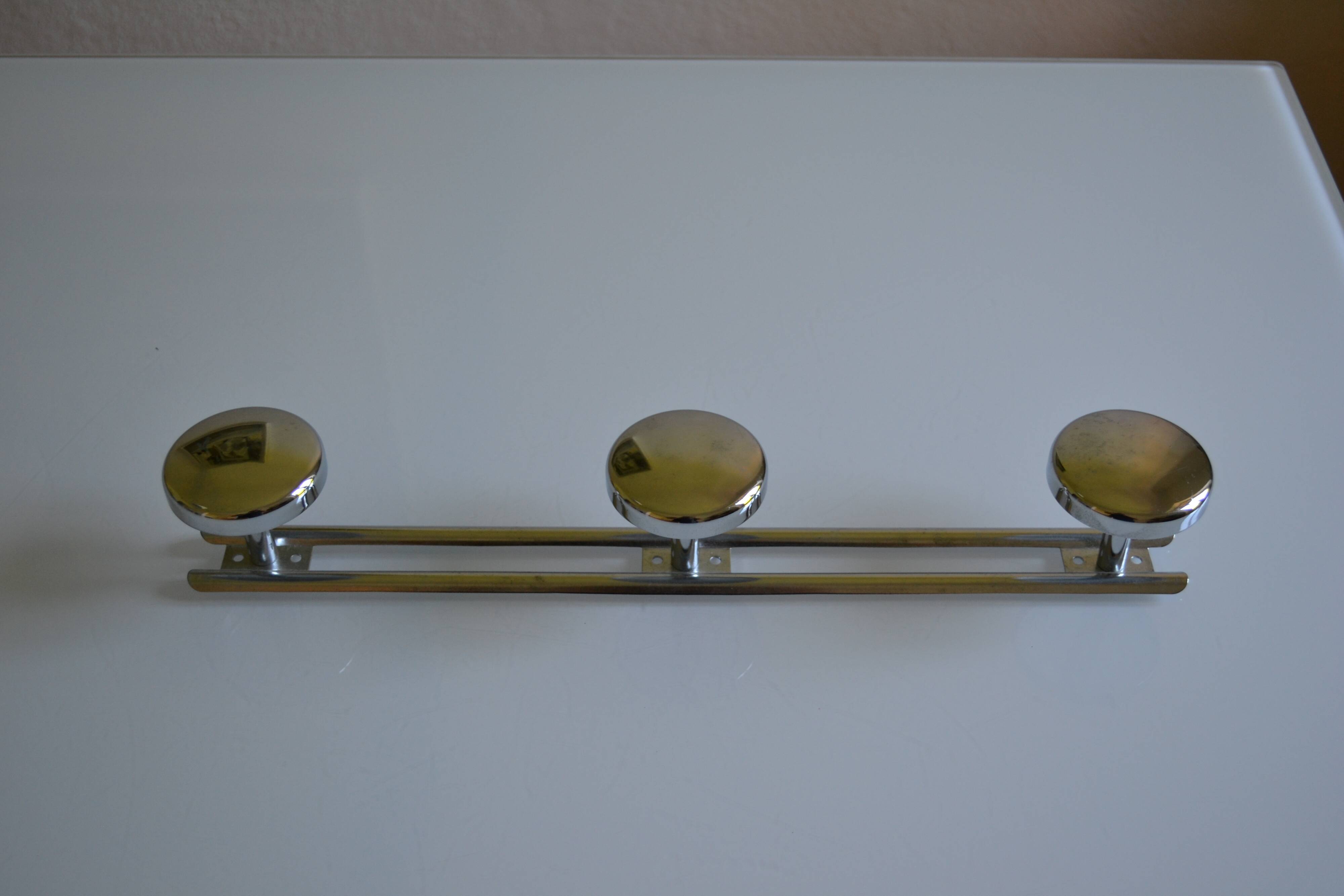 Wall coat rack with 3 chrome metal hooks, vintage 80s.