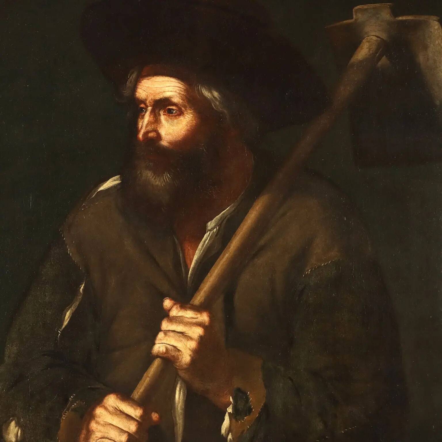 Old painting of a peasant with a hoe, oil on canvas, 17th-18th century.