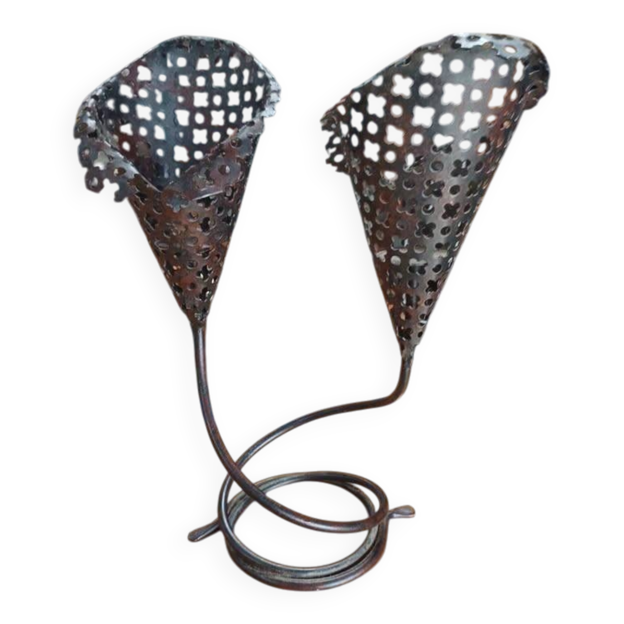 Vintage double candle holder in perforated metal – 60s/70s style