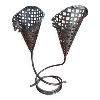 Vintage double candle holder in perforated metal – 60s/70s style