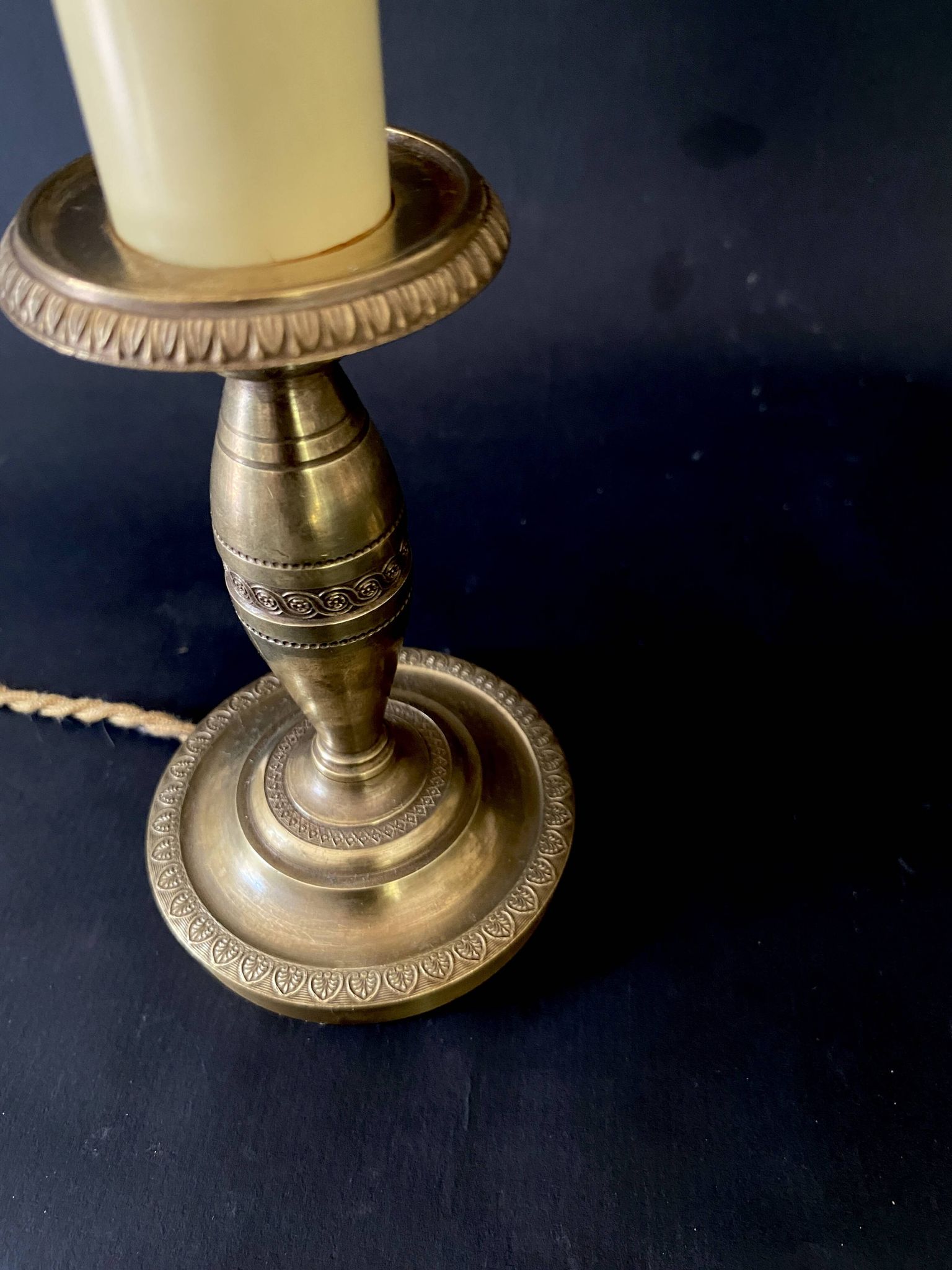 Pair of brass lamps, new 2M fabric cables, paper lampshades
