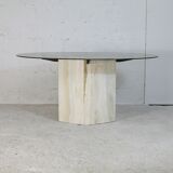Living table, Comblanchian stone base and elliptical tray in smoked glass, Italy, 1970