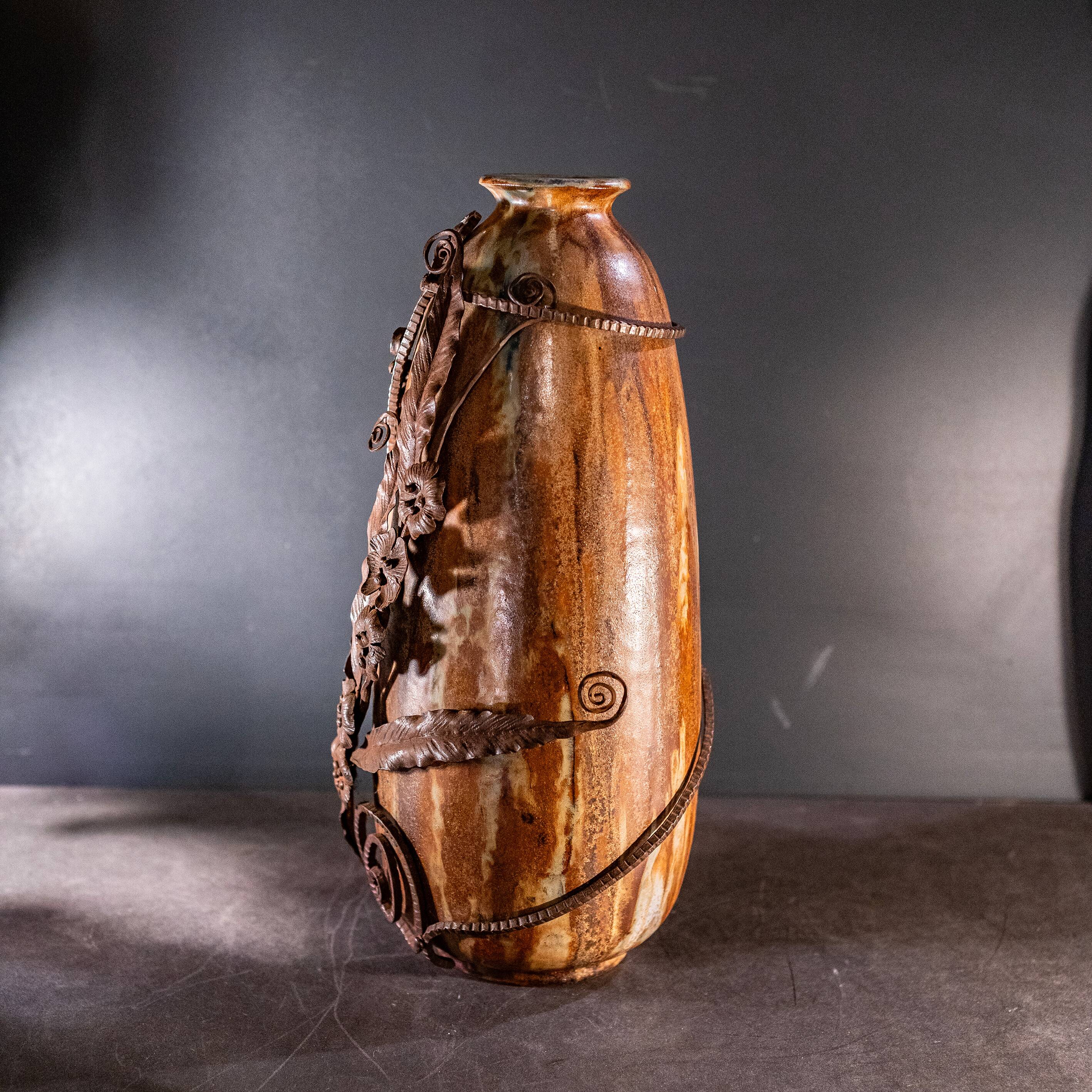 stoneware shell vase, wrought iron frame, roger guerin & francois carion, bouffioulx ca 1920