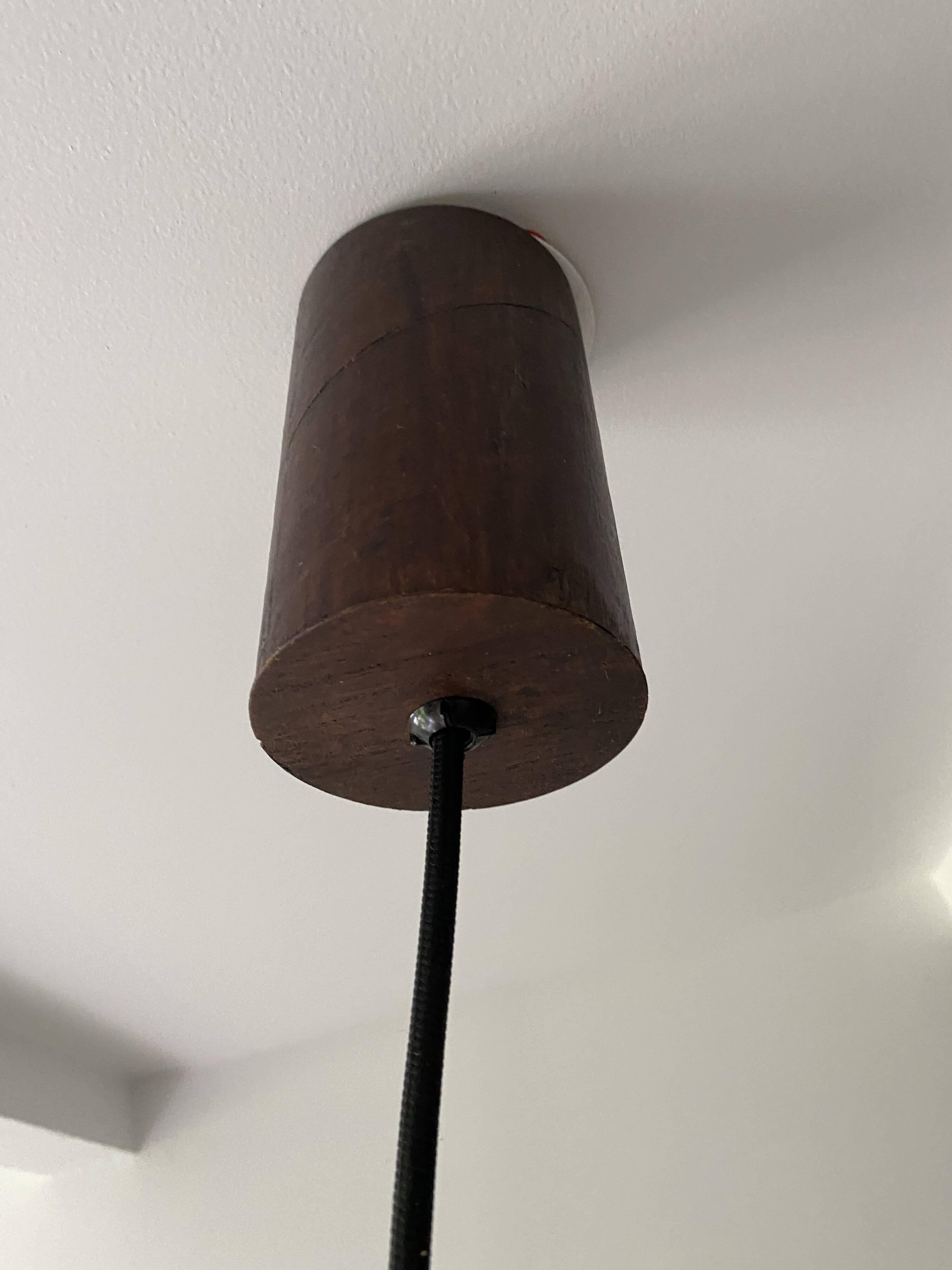 Vintage half globe pendant light in green opaline, imitation teak elements, 50s/60s