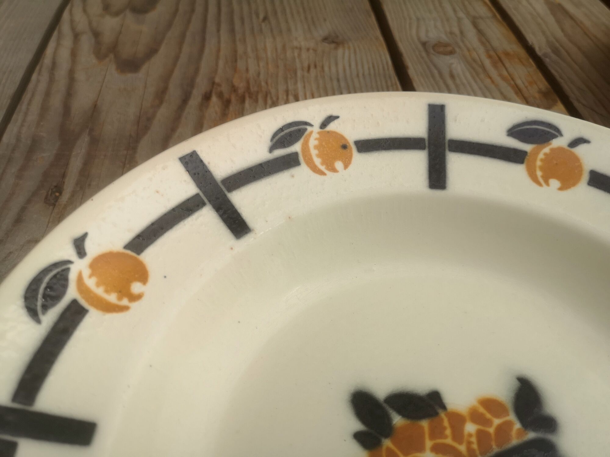 Set of 2 ceramic soup plates décor basket apricots signed Badonviller