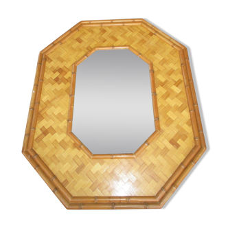 Octagonal mirror frame in straw marquetry & vintage bamboo 1950/70