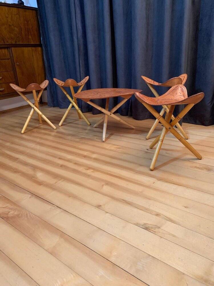 Safari stools & table set, 1970s, set of 5