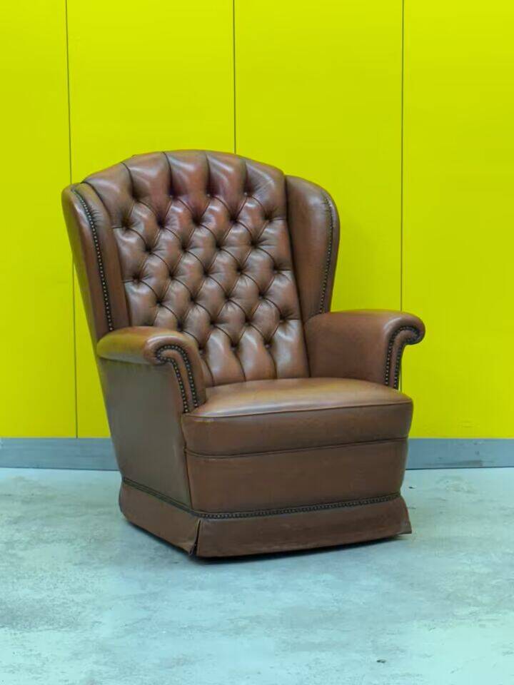 Original English Chesterfield Wingback Chair - Vintage Cognac Leather