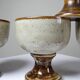 Set of 4 vintage glazed stoneware cider bowls/ice cream cups with stems.